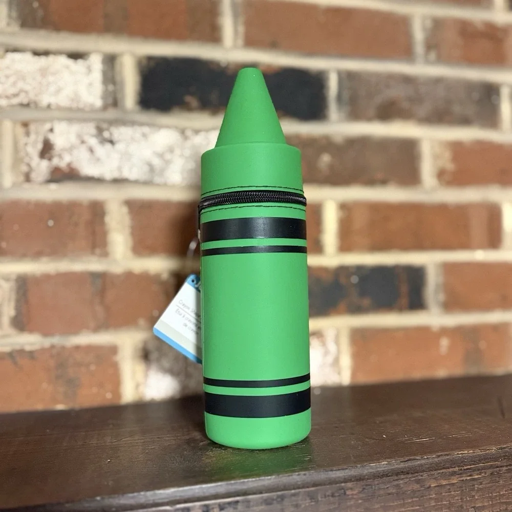 Jot Crayon Shaped Pencil Pouch Crayola Style With Zipper Green Plastic 10 In New